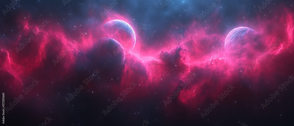 Obraz premium Two planets in a pink nebula.