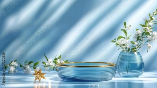 A serene arrangement featuring blue glassware, flowers, and soft shadows for a calming aesthetic.