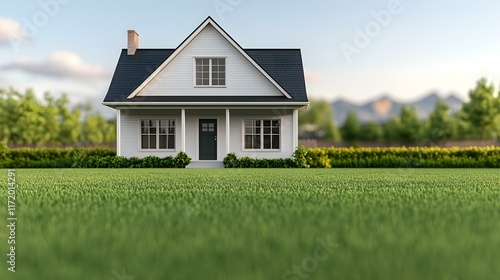 Wallpaper Mural Cozy white house with green lawn under clear sky and scenic mountains in the background, perfect for residential lifestyle imagery Torontodigital.ca