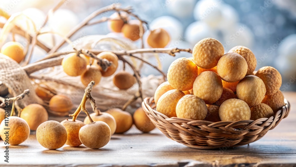 High-resolution studio image of dried longan, showcasing its texture and detail as a healthy Asian snack and medicinal ingredient.