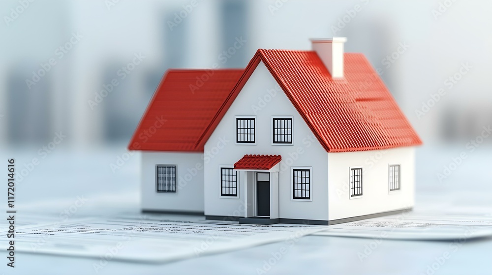 Miniature white house with red roof on documents representing real estate and home ownership on blurred cityscape background Miniature white house with red roof on documents representing real estate and home ownership on blurred cityscape background