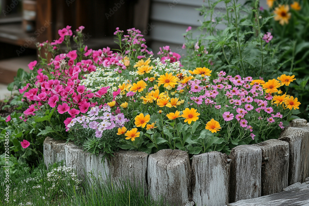 Fototapeta premium Colorful Flowers Planted in Rustic Wooden Planter