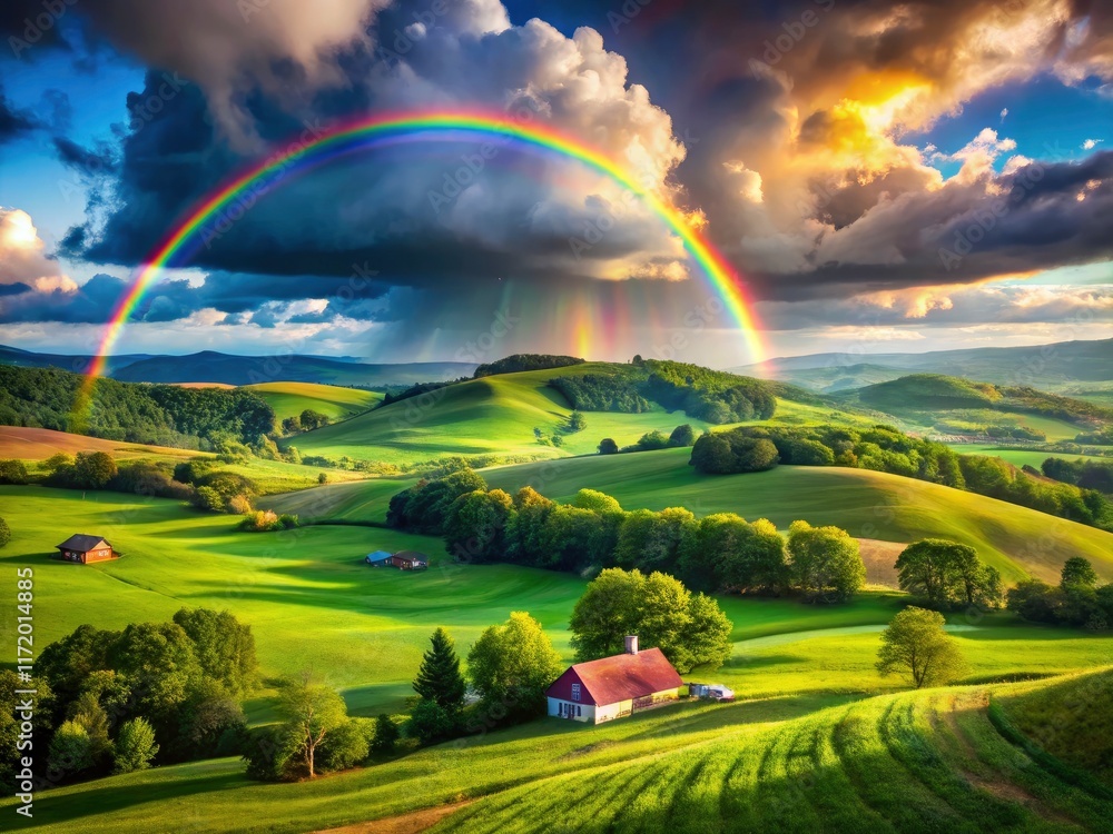 Obraz premium Hope blooms after the storm. A rainbow paints the rural landscape with vibrant colors, nature's renewal.