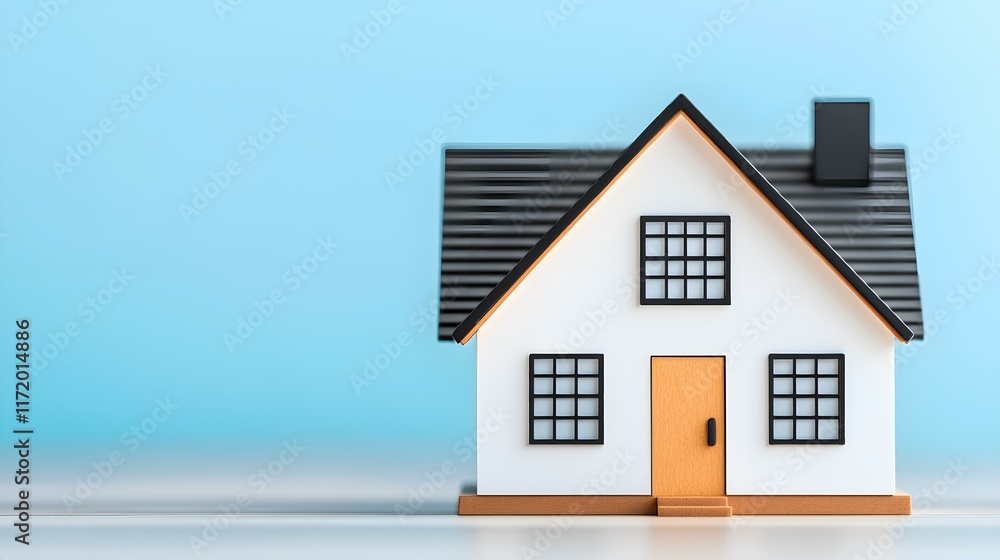Miniature Model of House with Black Roof and Orange Door Against Soft Blue Background Miniature Model of House with Black Roof and Orange Door Against Soft Blue Background