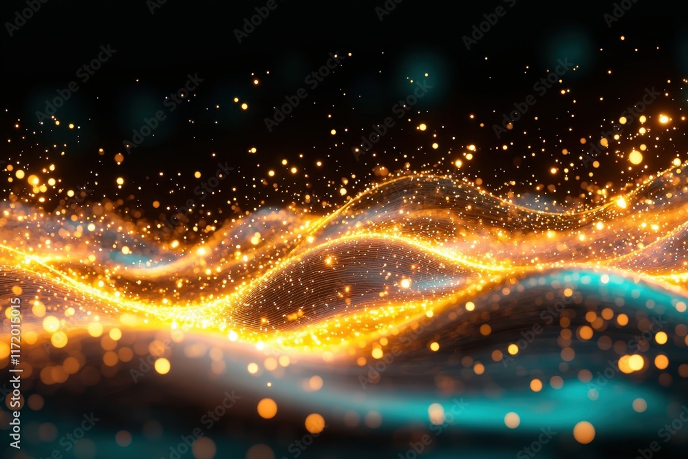 Fototapeta premium The glowing particles and lines in this 3D rendering create a mesmerizing display against the sleek black background, adding depth and dimension to the digital drawing.
