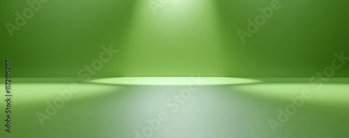 Green illuminated podium spotlighted in studio setting