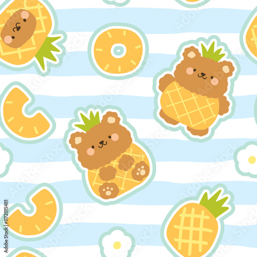 kawaii hand drawn teddy bear with pineapple on a stripes, blue pastel background, kids seamless pattern with food
