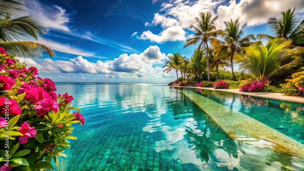 Obraz premium Infinitesimal beauty: macro photography reveals tropical resort's poolside ocean bliss.