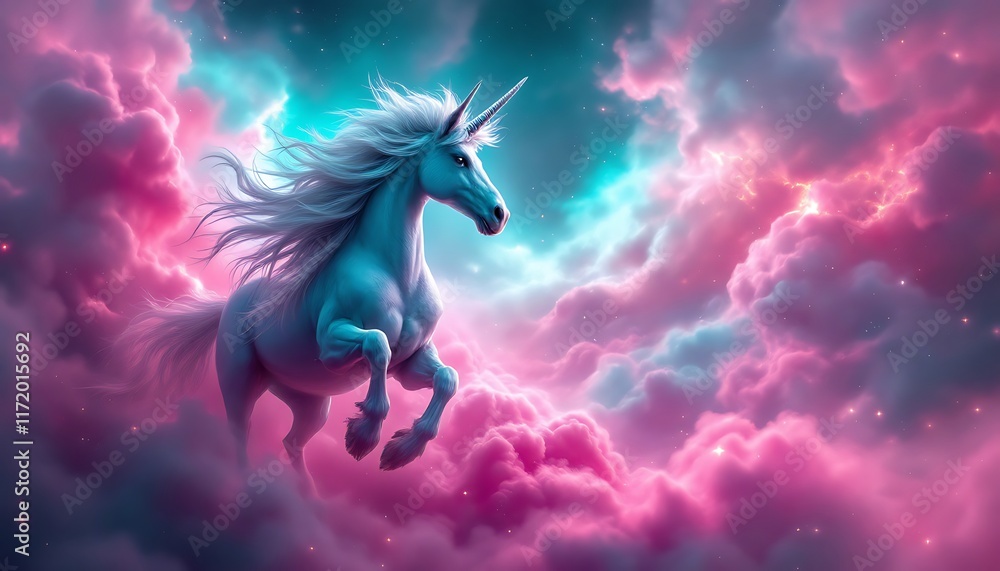 Celestial Unicorn: A Magical Flight Through Pink and Teal Clouds Celestial Unicorn: A Magical Flight Through Pink and Teal Clouds