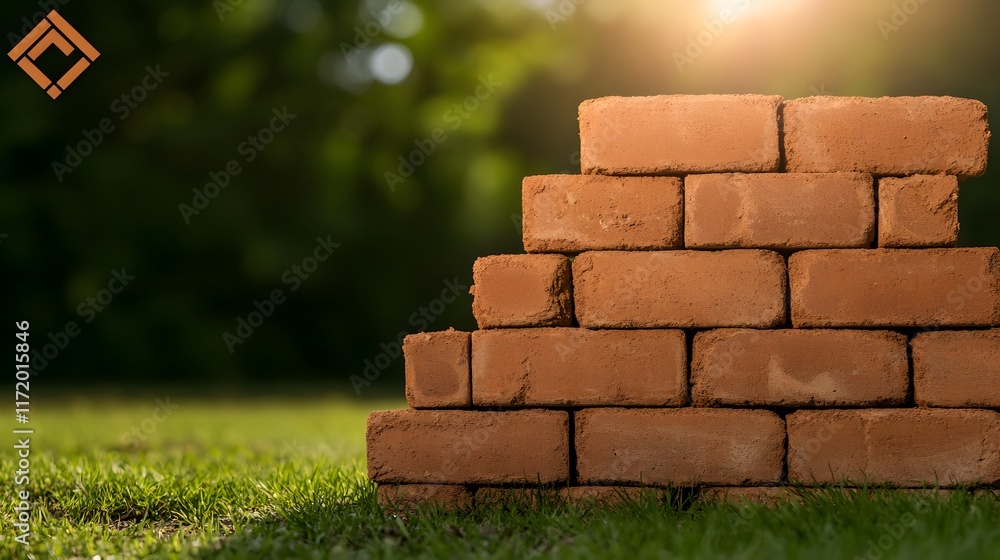 Obraz premium Stack of Red Clay Bricks on a Sunny Day Surrounded by Lush Green Grass in a Natural Outdoor Setting with Soft Sunlight Filtering Through Trees