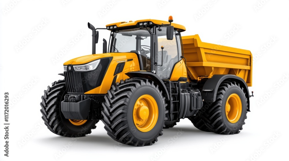 Powerful yellow tractor with dump bed for agricultural and construction purposes on a white background Powerful yellow tractor with dump bed for agricultural and construction purposes on a white background