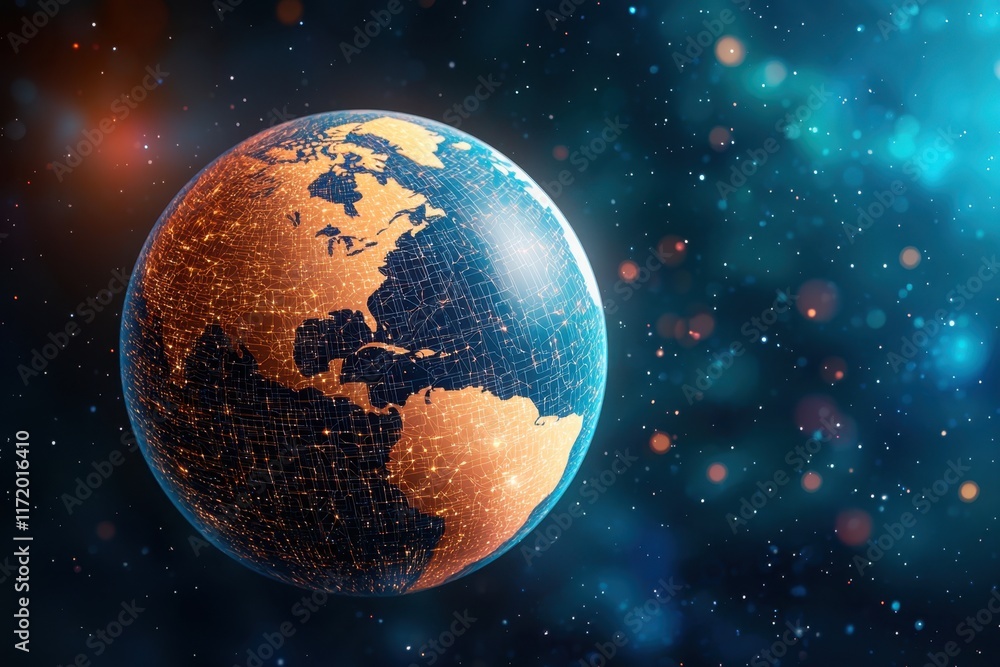 Fototapeta premium The digital generated image features a high resolution globe rotating over a backdrop of intricate scientific data patterns that symbolize advanced data processing, network connectivity