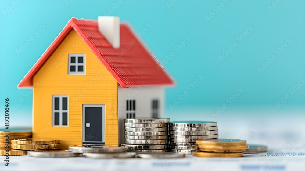 Miniature house model beside stacked coins on financial documents showcasing real estate investment concept Miniature house model beside stacked coins on financial documents showcasing real estate investment concept