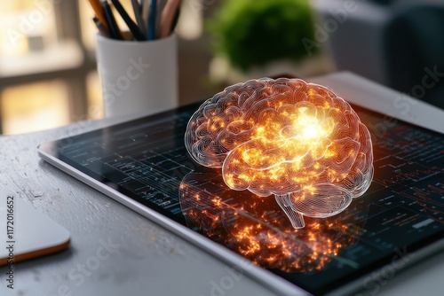 The stock photo showcases a top view of a work table desktop overlaid with a multi exposure image of a detailed brain drawing, symbolizing global data analysis and complex intellectual processes. photo