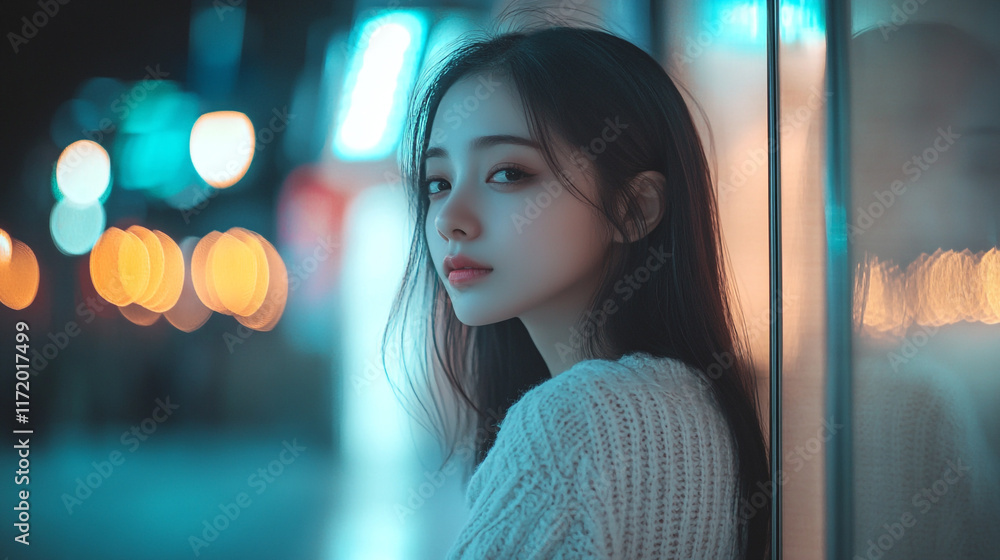 Fototapeta premium Young woman in urban setting with soft lights at night, contemplating quietly