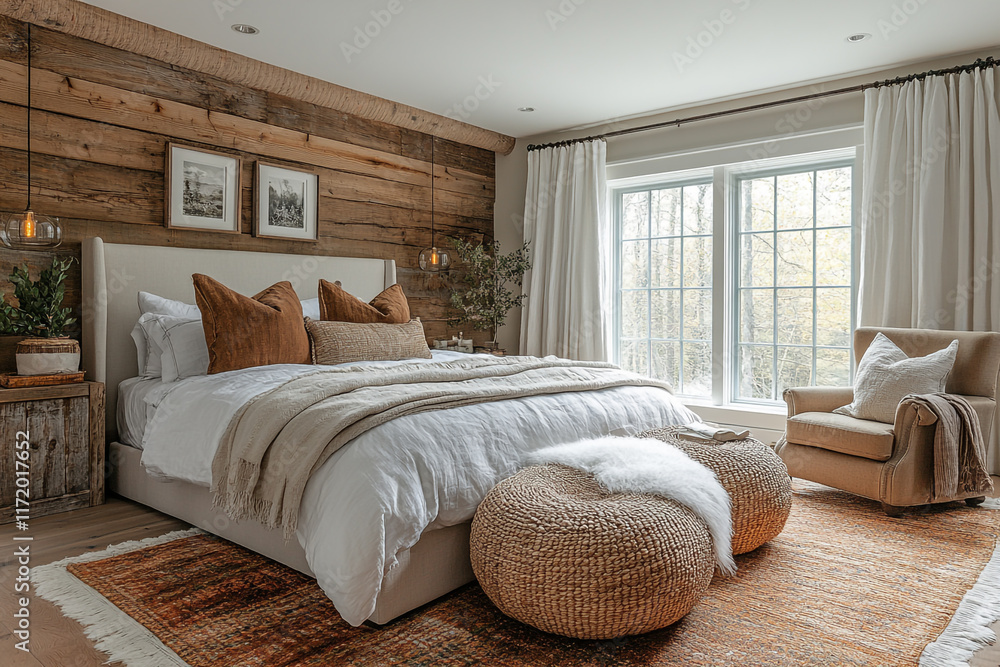 Fototapeta premium Rustic Farmhouse Bedroom Design With Wooden Wall