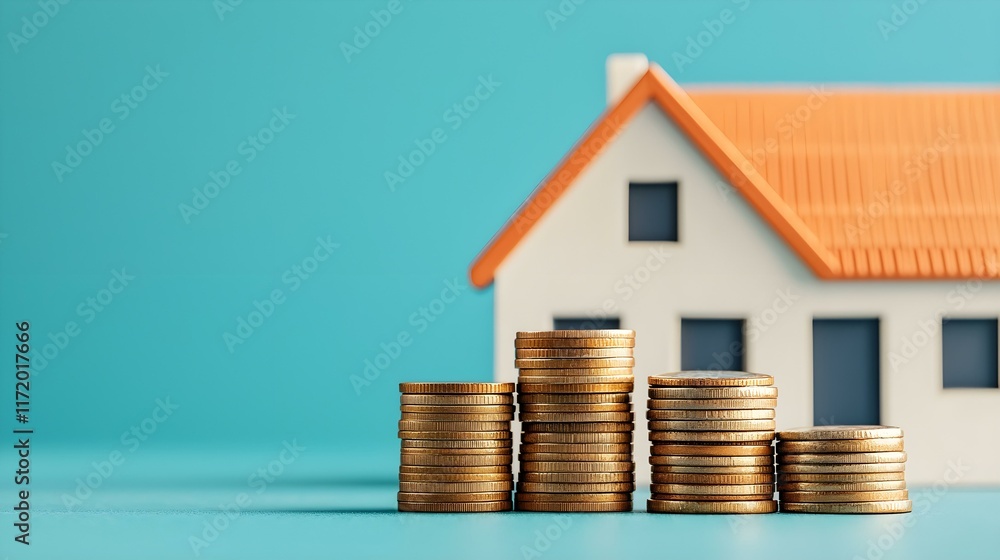 Stacked Coins in Front of a Model House Representing Home Investment and Financial Growth Concepts in Real Estate Market Stacked Coins in Front of a Model House Representing Home Investment and Financial Growth Concepts in Real Estate Market