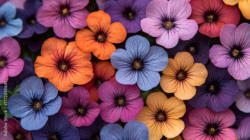Vibrant multicolored flowers, close-up view of various colors and textures. Vibrant multicolored flowers, close-up view of various colors and textures.