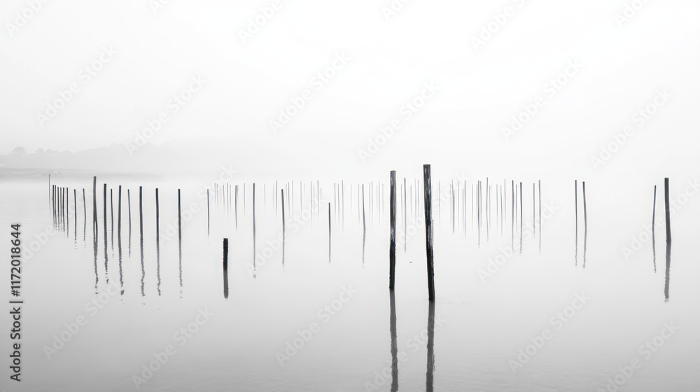 A serene, foggy landscape featuring tall, vertical poles reflected in still water. A serene, foggy landscape featuring tall, vertical poles reflected in still water.
