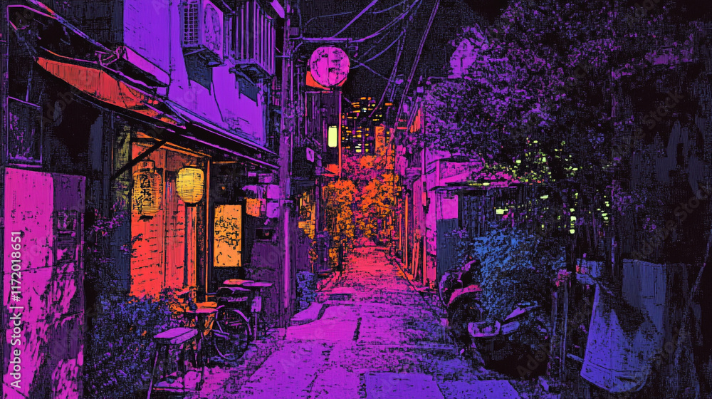 Obraz premium Vibrant urban alley illuminated by colorful lights during nighttime exploration