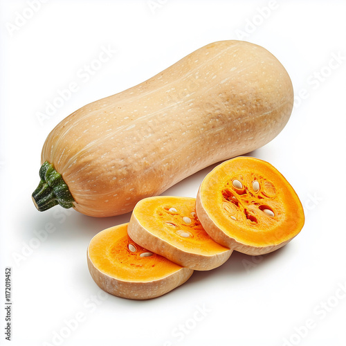 Butternut Squash Whole and Sliced on White Background
