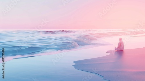 ocean waves meeting a sandy shore, with a person meditating under a sunrise 