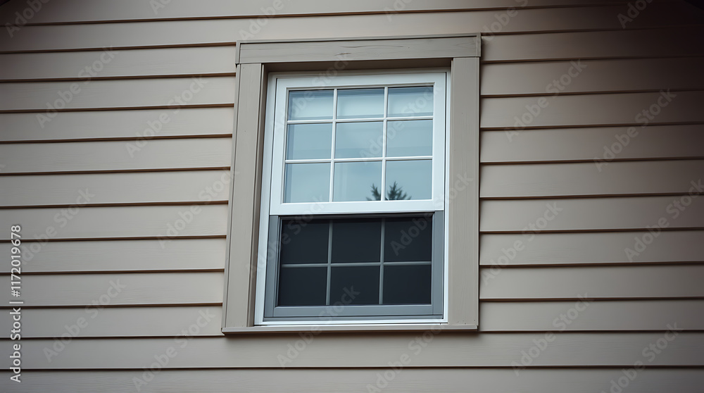 Double-Hung Window in Beige Vinyl Siding Double-Hung Window in Beige Vinyl Siding