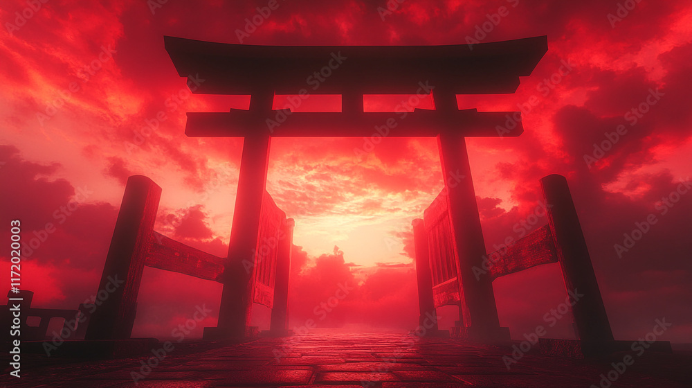 Majestic torii gate silhouetted against a vibrant red sky at sunset Majestic torii gate silhouetted against a vibrant red sky at sunset