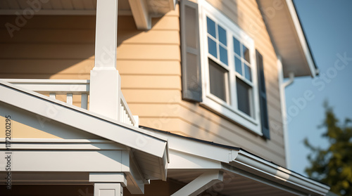 Exterior House Detail  Beige Siding  White Trim  and Window