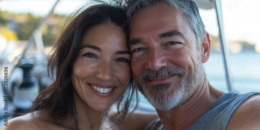 Portrait of a happy couple taking a selfie on a yacht, generative AI Portrait of a happy couple taking a selfie on a yacht, generative AI
