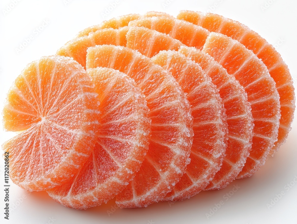 Slices of orange coated with sugar, arranged in a fan shape. Slices of orange coated with sugar, arranged in a fan shape.