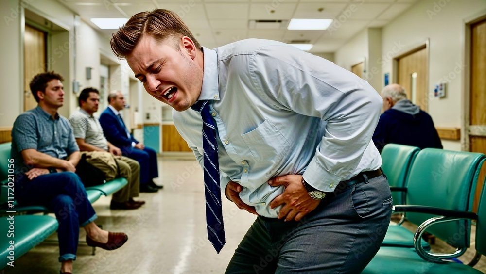 Obraz premium Man Enduring Severe Pain in a Hospital Waiting Room