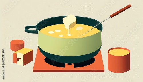 Warm and Creamy Cheese Fondue in a Green Pot with Ingredients