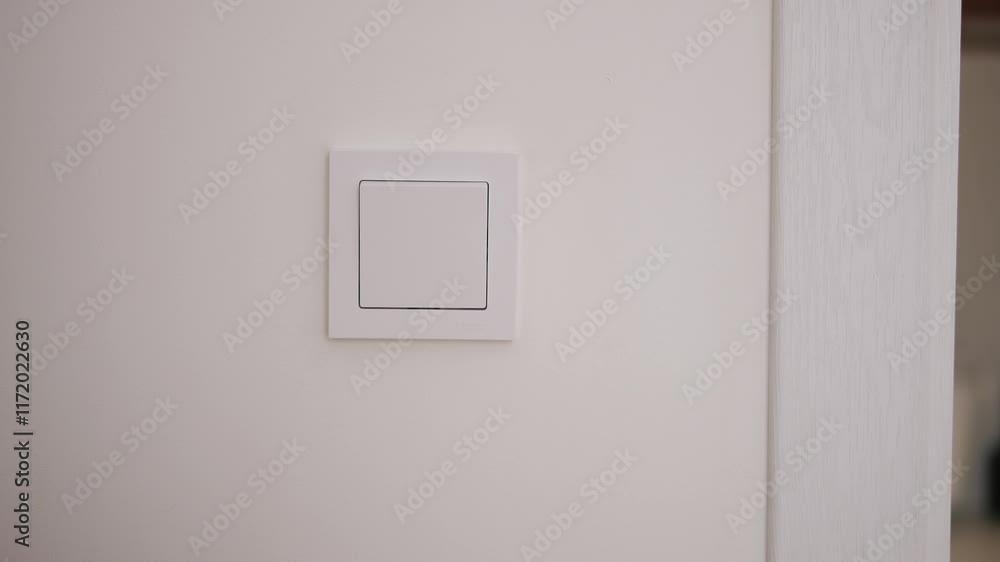 Womans hand turning light on and off using wall switch Simple control of light enhances room's atmosphere Concept of energy-saving modern home lighting and daily interaction with light systems