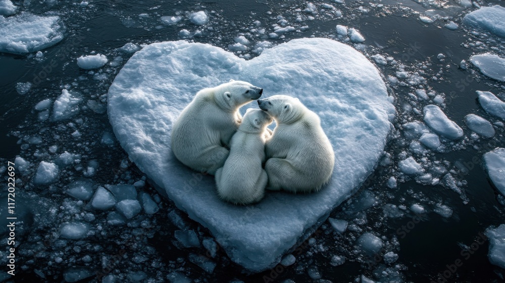 Obraz premium A polar bear family sitting on a glowing heart-shaped ice patch