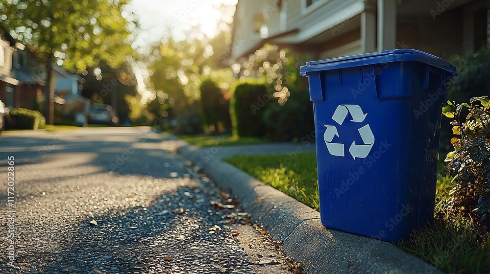 Blue recycling bin on a residential street at sunset Blue recycling bin on a residential street at sunset