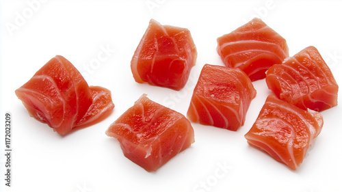 Fresh raw tuna pieces floating on a white Background
