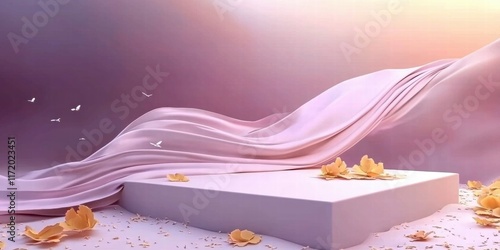 A serene composition with flowing fabric and petals, evoking elegance and tranquility.