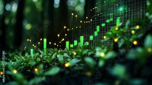 Green growth graph over forest floor.
