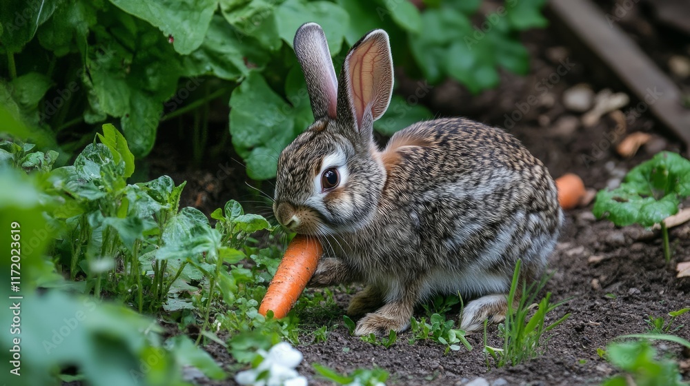 Fototapeta premium Adorable young rabbit enjoying a crunchy carrot in a lush garden.