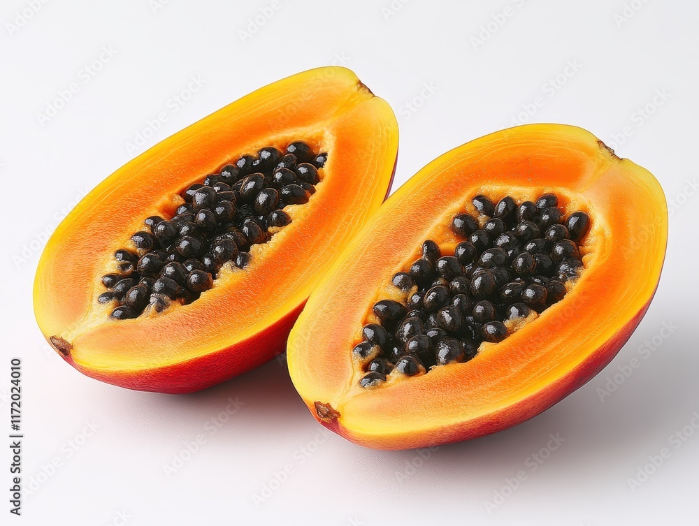 A halved papaya showcasing its vibrant orange flesh and black seeds. A halved papaya showcasing its vibrant orange flesh and black seeds.