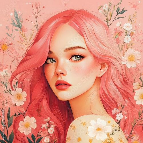 Pink Haired Woman Surrounded By Delicate Flowers photo