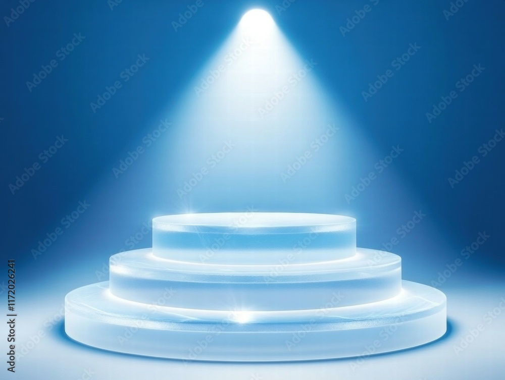 Obraz premium A glowing, three-tiered platform illuminated by a spotlight against a blue background.