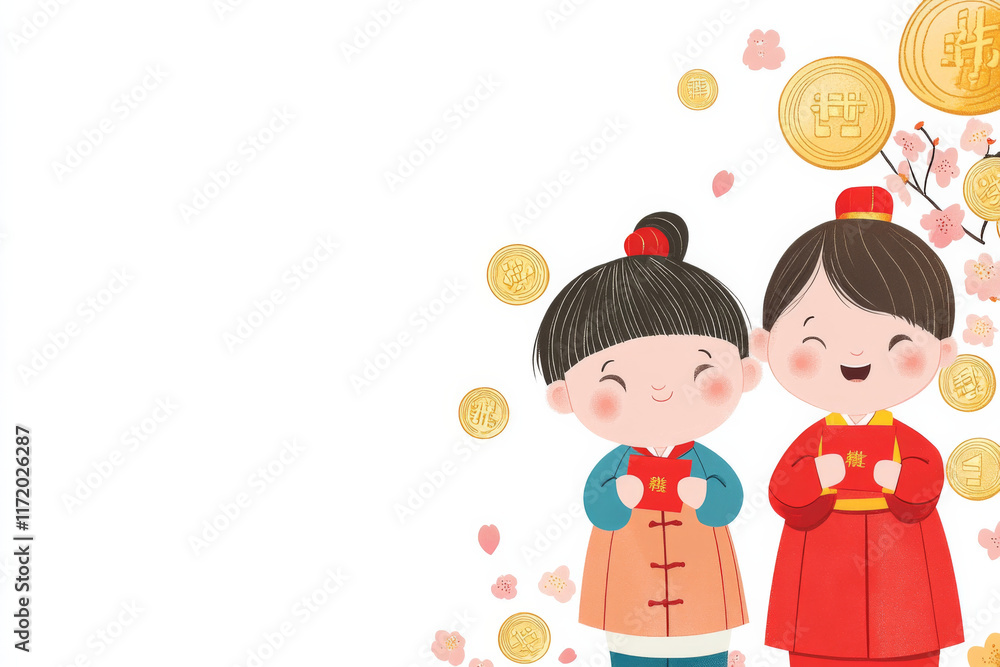 Cute children celebrating with traditional attire, surrounded by gold coins and flowers, symbolizing prosperity and joy during festive season Cute children celebrating with traditional attire, surrounded by gold coins and flowers, symbolizing prosperity and joy during festive season