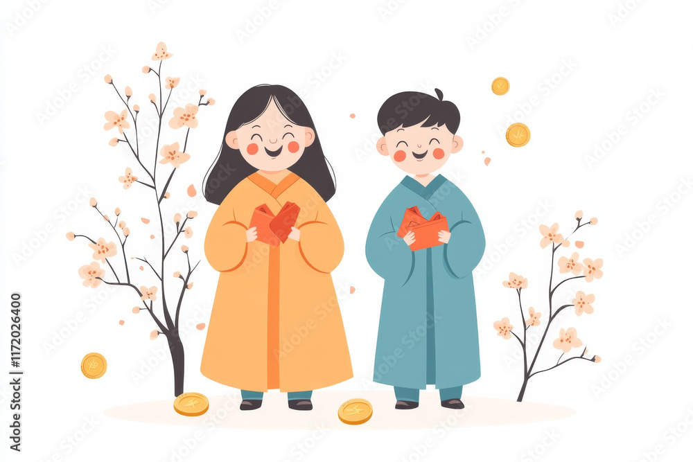 Cheerful children in traditional attire hold red envelopes, surrounded by cherry blossoms and gold coins, celebrating festive occasion Cheerful children in traditional attire hold red envelopes, surrounded by cherry blossoms and gold coins, celebrating festive occasion