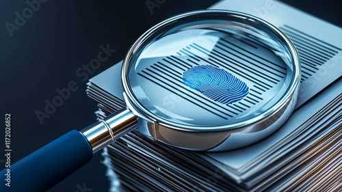 Document analysis with magnifying glass highlighting a fingerprint

