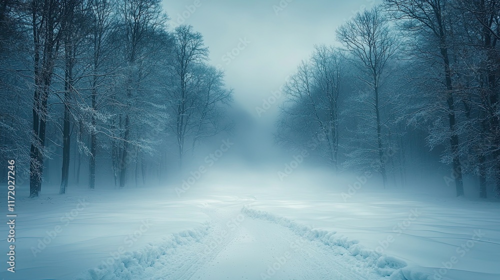 Obraz premium A tranquil pathway occurs through a serene winter forest adorned with fresh snow, enveloped by tall trees under a gentle, foggy atmosphere