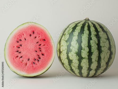 A whole watermelon next to a sliced half, showcasing its vibrant interior. photo