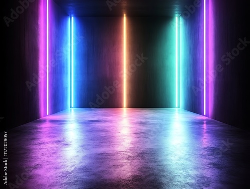 Neon Lights Illuminate Dark Concrete Room