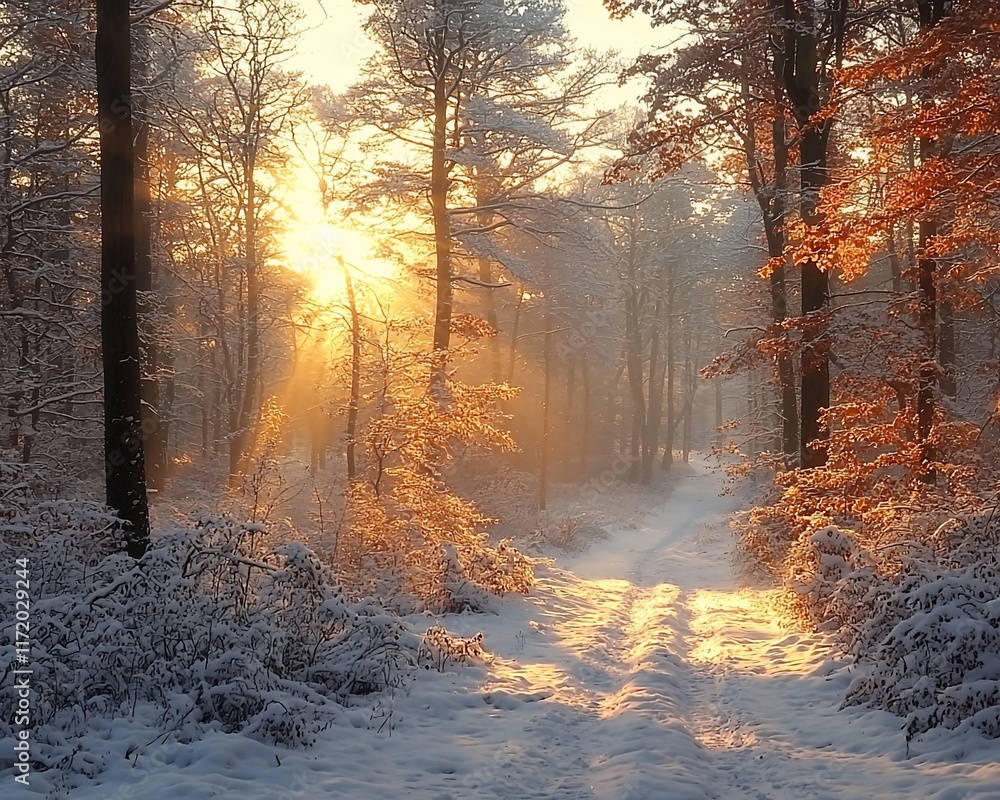 Sun rays through snowy winter forest path. Sun rays through snowy winter forest path.